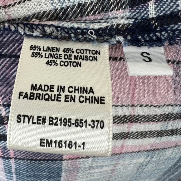 BELLA DAHL Linen Blend Pink Gray Button-Down Plaid Top Shirt Raw Hem Size S - Picture 9 of 10